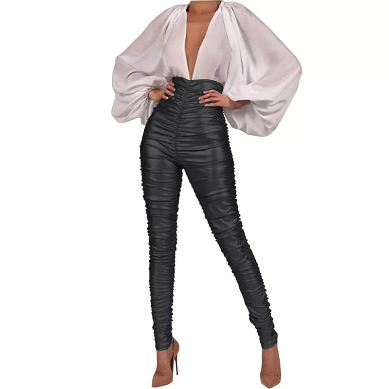Pantalone Donna Leggings Aderente Ecopelle Drappeggiato Vita Alta Casual Elegante Sensuale - LE STYLE DE PARIS