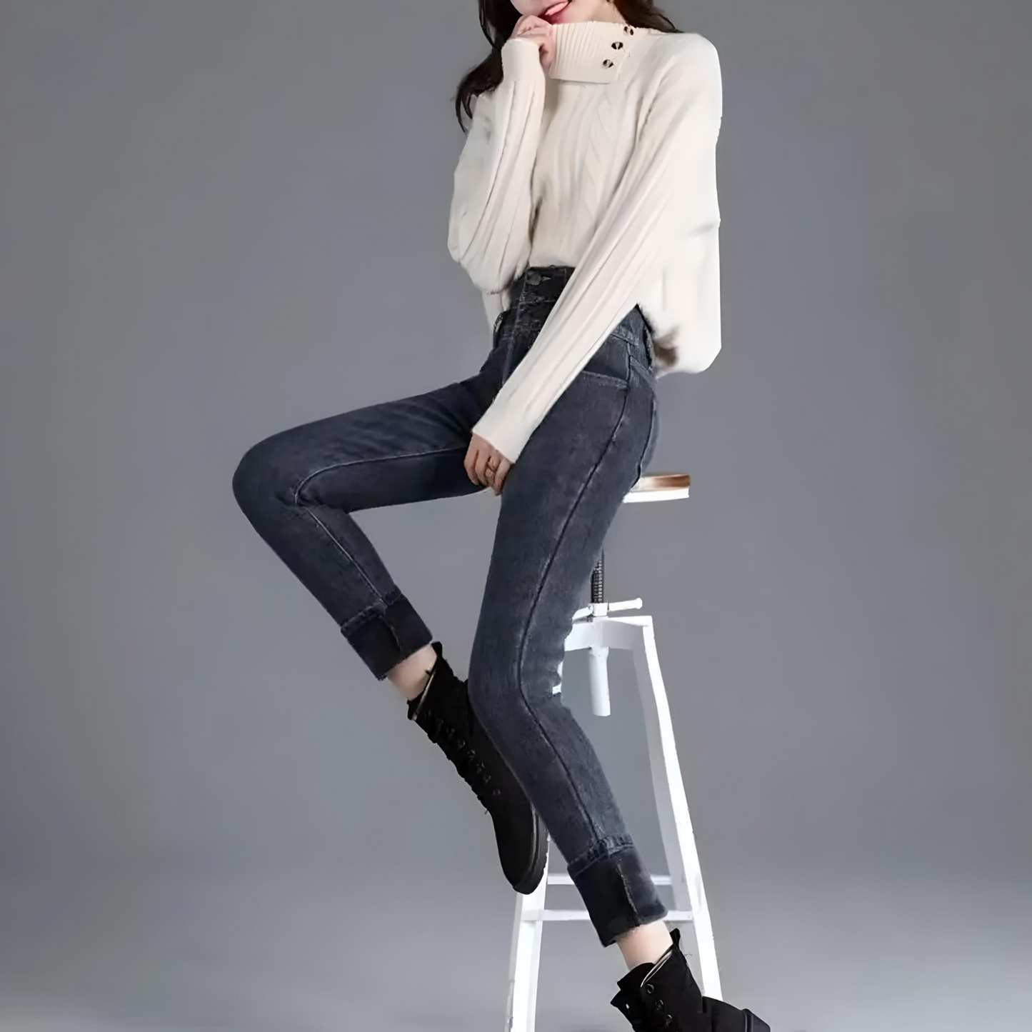 Jeans Skinny Donna Vita Alta Interno Pile Invernale Termico Bottoni Elasticizzato Casual - LE STYLE DE PARIS