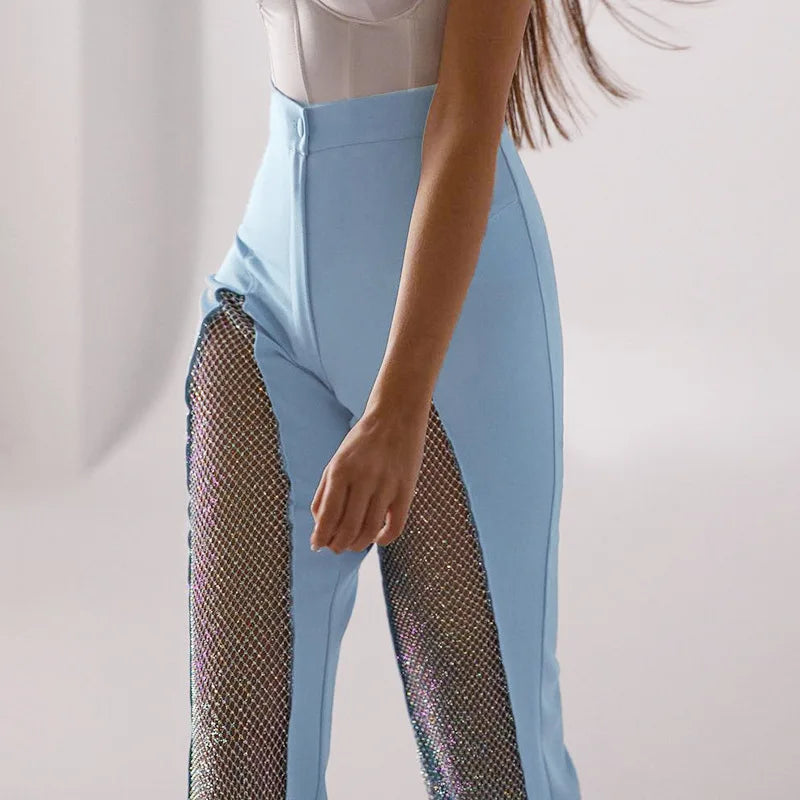 Pantalone Elegante Donna Zampa Chiusura Bottone Wide Leg Rete Trasparenze Svasato - LE STYLE DE PARIS