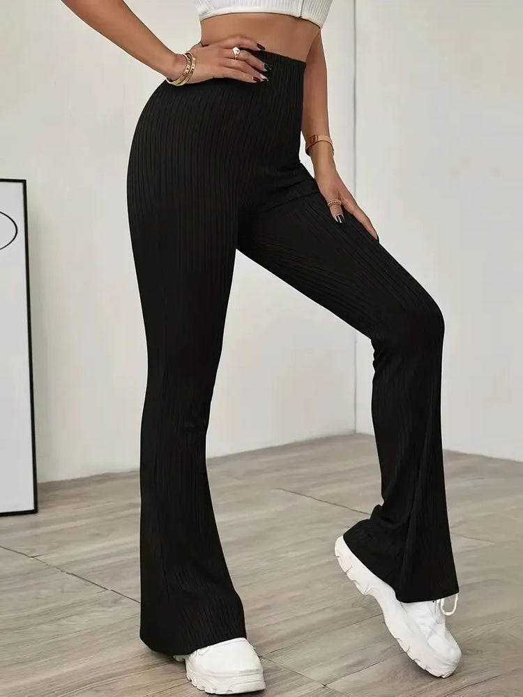Pantalone Leggings Donna Casual Coste Tinta Unita Nero Elasticizzato Wide Leg Zampa - LE STYLE DE PARIS