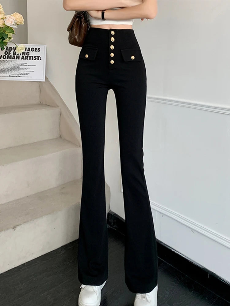 Pantalone Nero Donna Casual Elegante Bottoni Wide Leg Vita Alta Tasche - LE STYLE DE PARIS