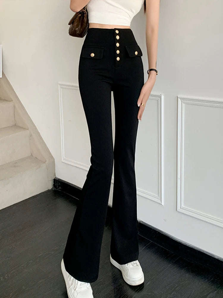 Pantalone Nero Donna Casual Elegante Bottoni Wide Leg Vita Alta Tasche - LE STYLE DE PARIS