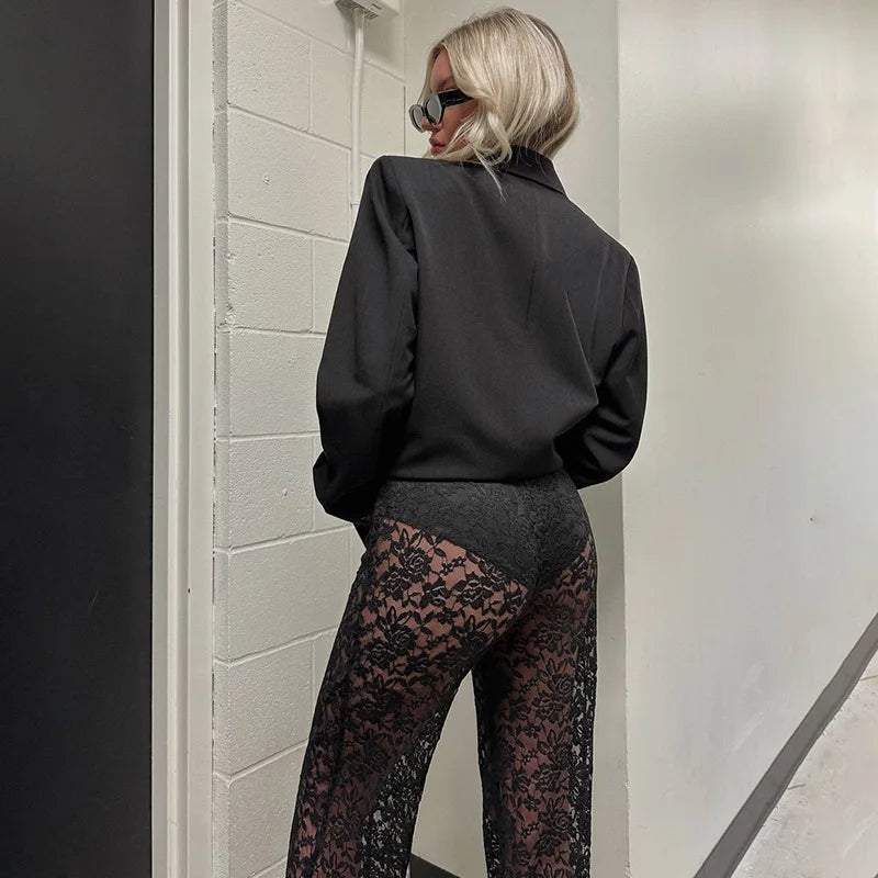 Pantalone Donna Dritto Elegante Trasparenza Motivo Floreale Vita Alta Elastico - LE STYLE DE PARIS