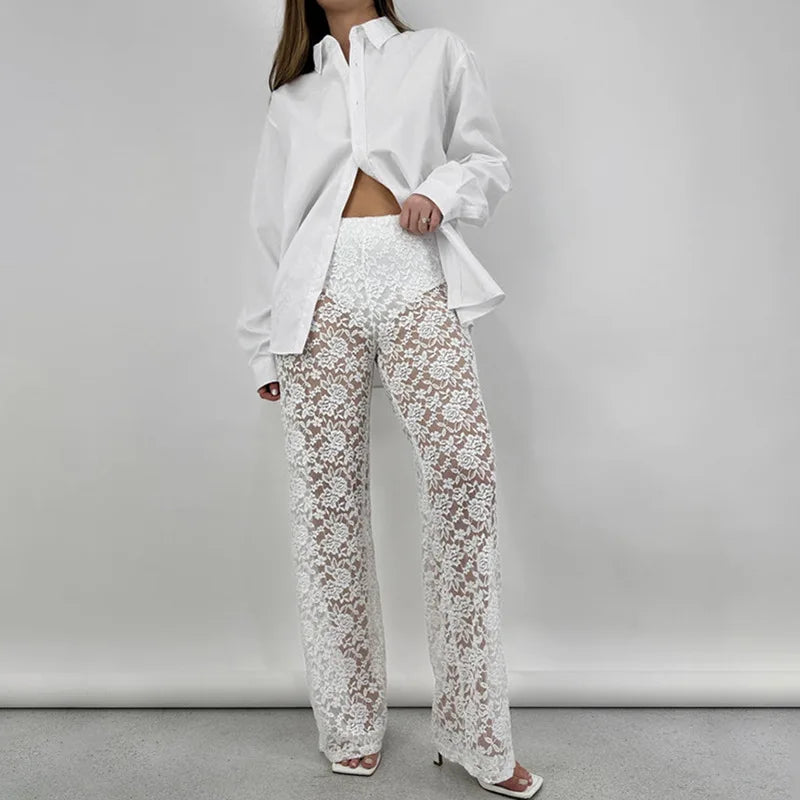 
                  
                    Pantalone Donna Dritto Elegante Trasparenza Motivo Floreale Vita Alta Elastico - LE STYLE DE PARIS
                  
                