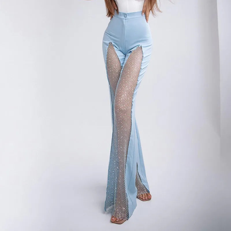 Pantalone Elegante Donna Zampa Chiusura Bottone Wide Leg Rete Trasparenze Svasato - LE STYLE DE PARIS
