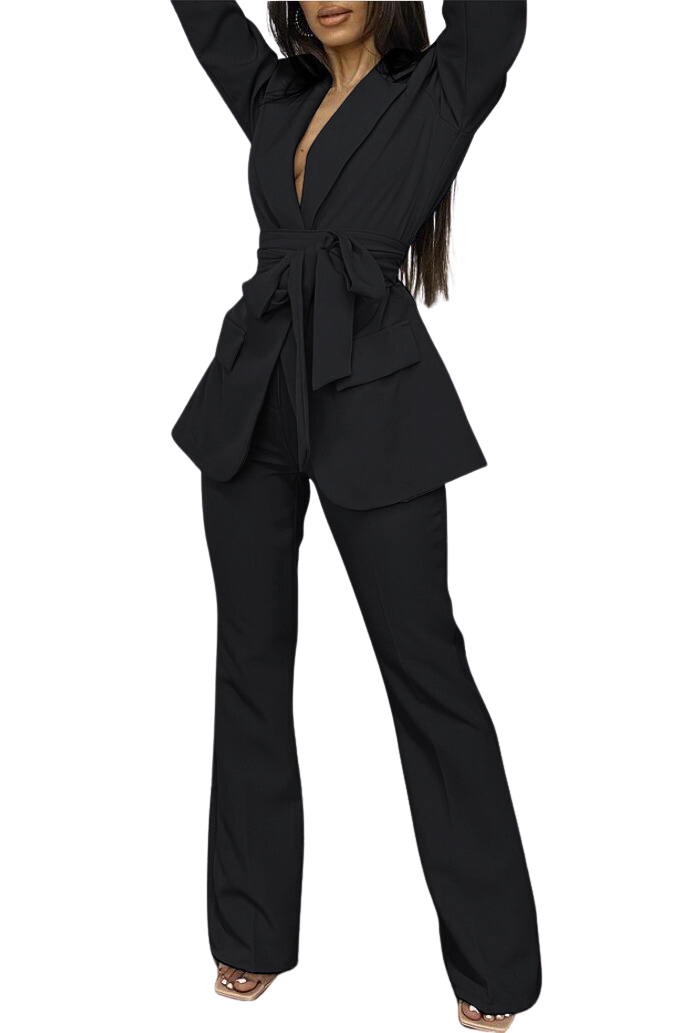 Tailleur Complete Woman Elegant Jacket V Neckline Belt Pants