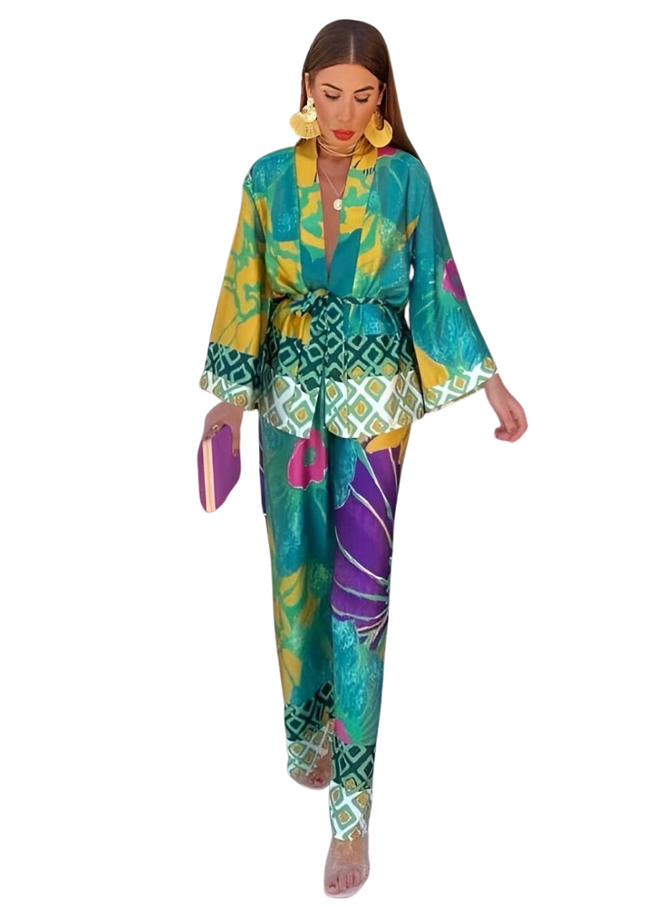Completo Donna Kimono Pantalone Fantasia Multicolore Scollo V Easy - LE STYLE DE PARIS