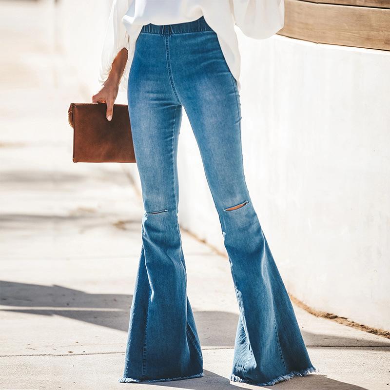 Pantalone Donna Jeans Vita Alta Strappi Zampa Monocolore Casual Comodo - LE STYLE DE PARIS