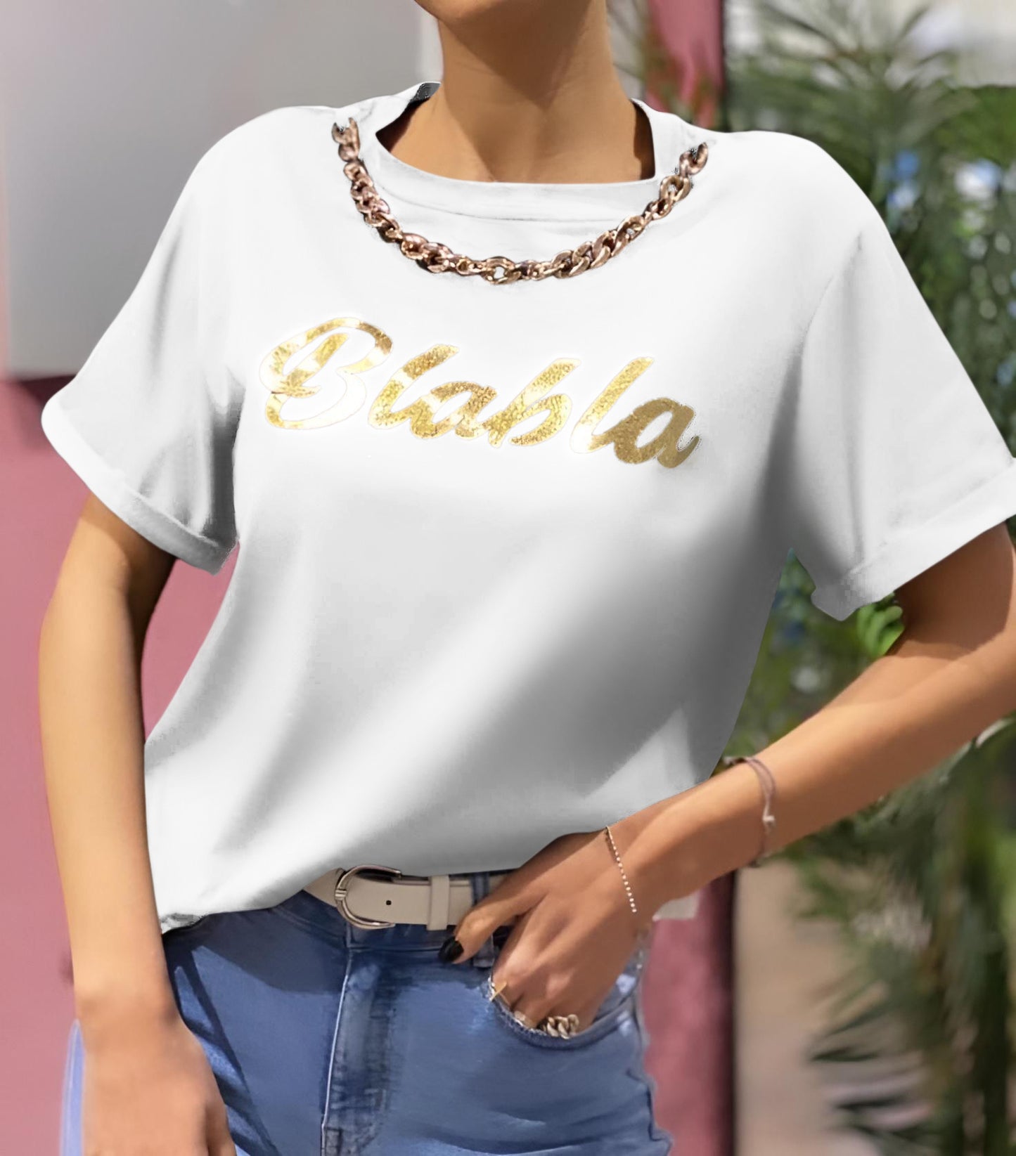 Maglia Donna T Shirt Mezza Manica Stampa Monocolore Catena Casual Comoda - LE STYLE DE PARIS
