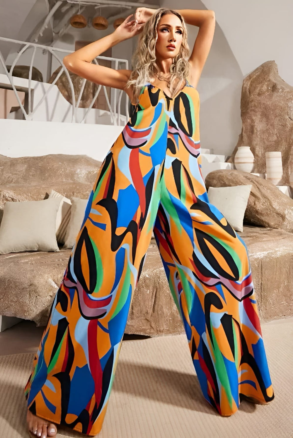 Tuta Donna Scollo Cuore Bretelle Multicolore Pantalone Palazzo Stampa Casual Comoda - LE STYLE DE PARIS