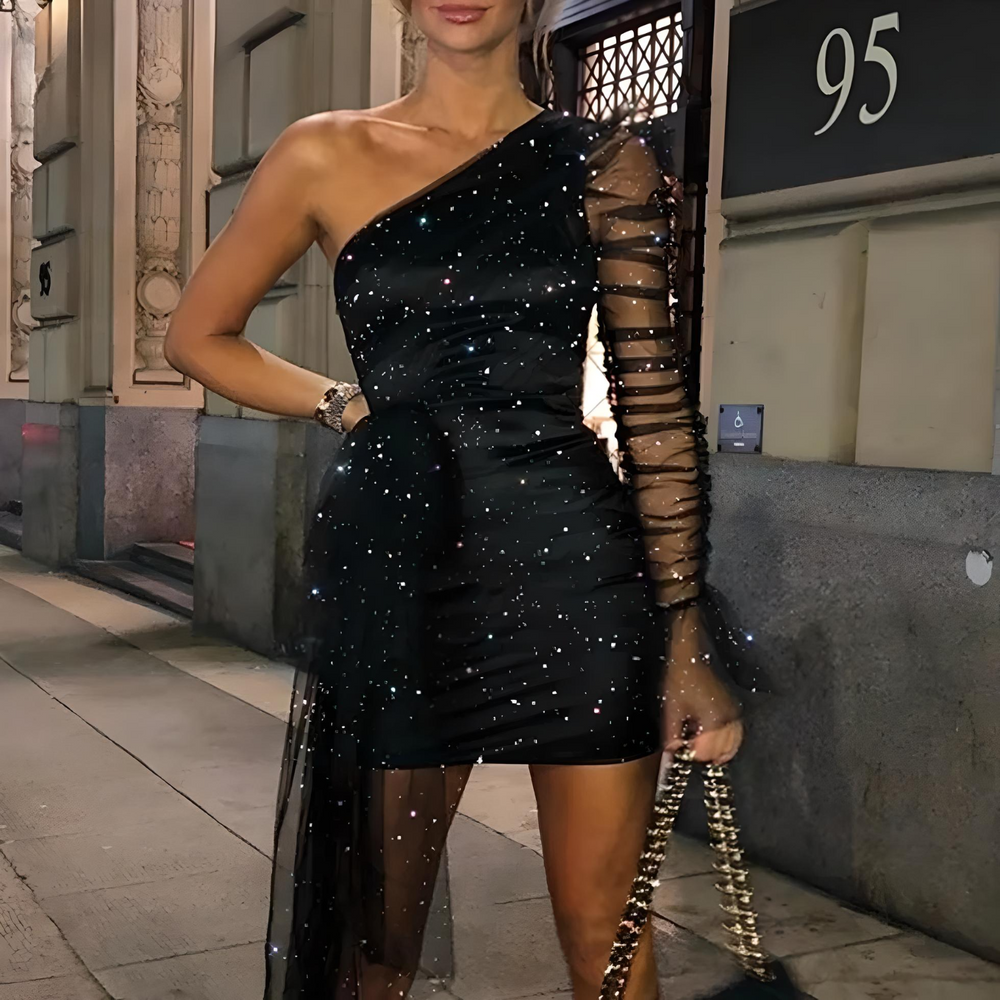 Vestito Donna Aderente Monospalla Manica Lunga Rete Trasparente Glitterato Elegante - LE STYLE DE PARIS