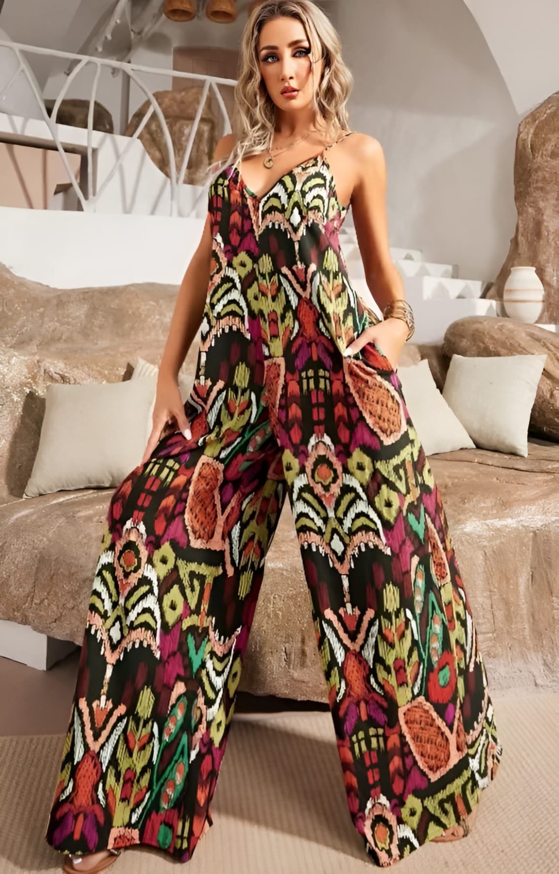 Tuta Donna Scollo Cuore Bretelle Multicolore Stampa Pantalone Palazzo Comoda - LE STYLE DE PARIS