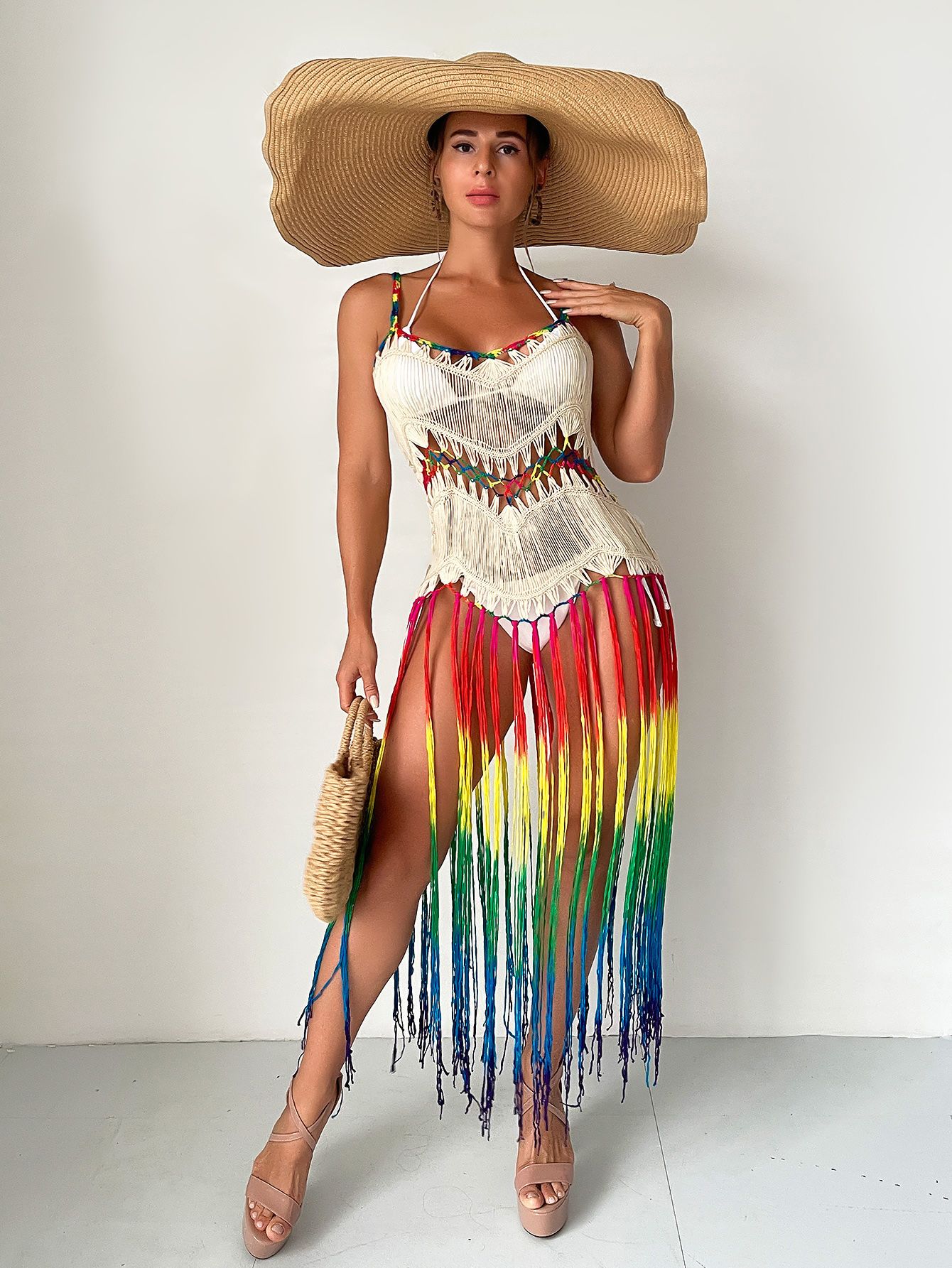 Copricostume Donna Bretelle Scollo Cuore Frange Multicolore Uncinetto Traforato Moda Mare - LE STYLE DE PARIS
