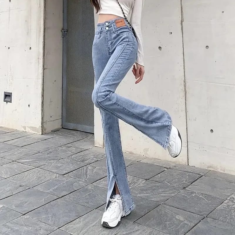 Pantalone Donna Jeans Vita Alta Zampa Tasche Bottone Spacchi Cotone Ca – LE  STYLE DE PARIS