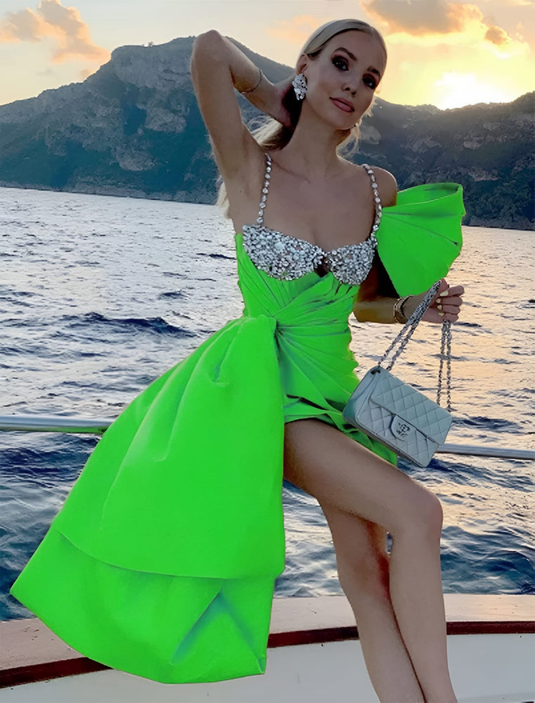 Vestito Donna Tubino Scollo Cuore Bretelle Monospalla Paillettes Strass Cut Out Elegante Cerimonia - LE STYLE DE PARIS