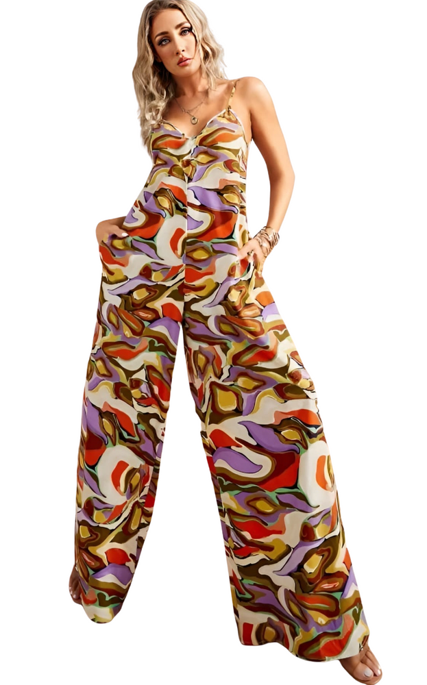 Tuta Donna Pantalone Palazzo Bretelle Scollo Cuore Multicolore Casual Comoda Easy - LE STYLE DE PARIS