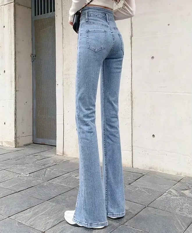 
                  
                    Pantalone Donna Jeans Vita Alta Zampa Tasche Bottone Spacchi Cotone Casual Elegante - LE STYLE DE PARIS
                  
                