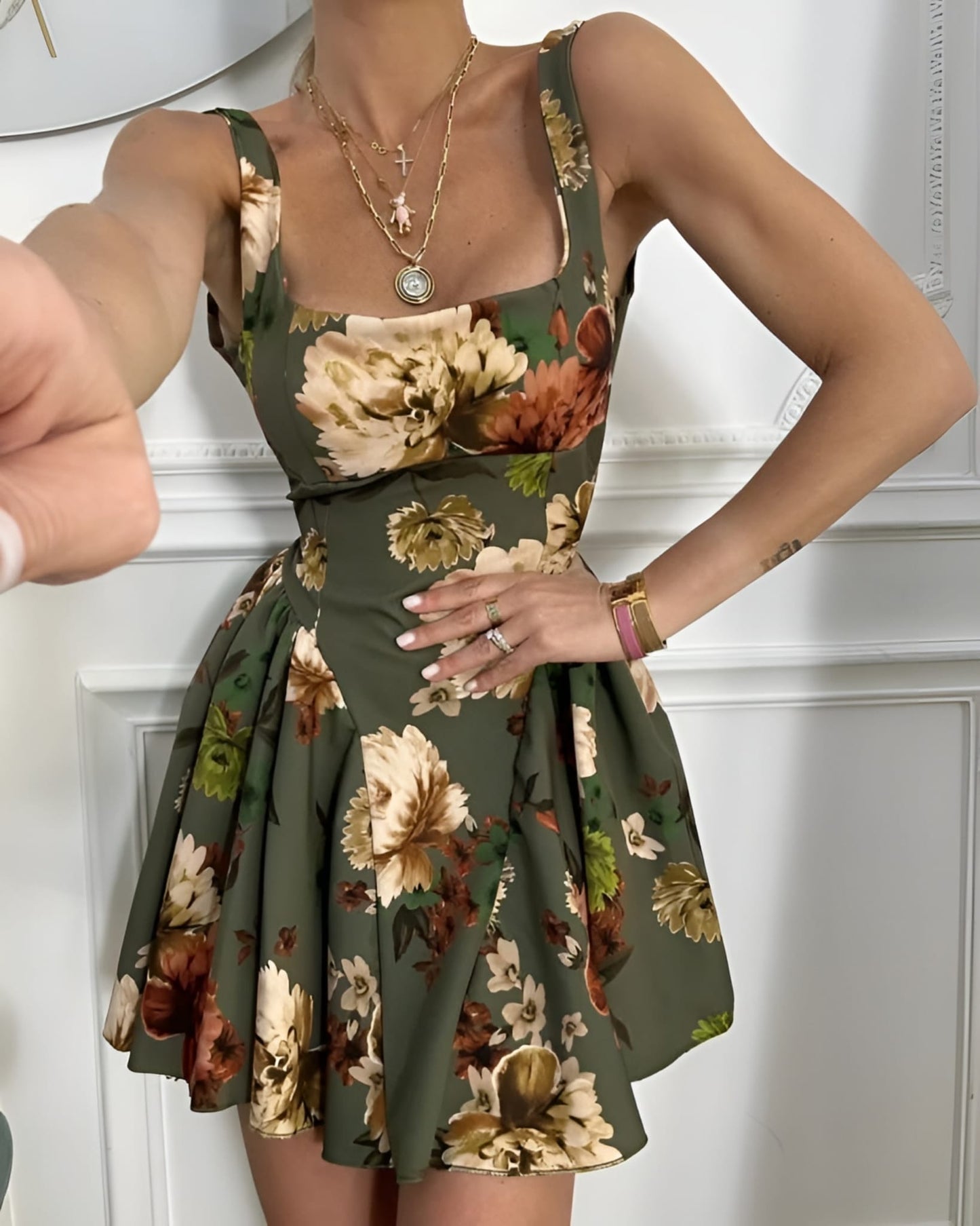 Vestito Donna Campana Scollo Quadrato Bretelle Fantasia Floreale Multicolore Casual Elegante - LE STYLE DE PARIS