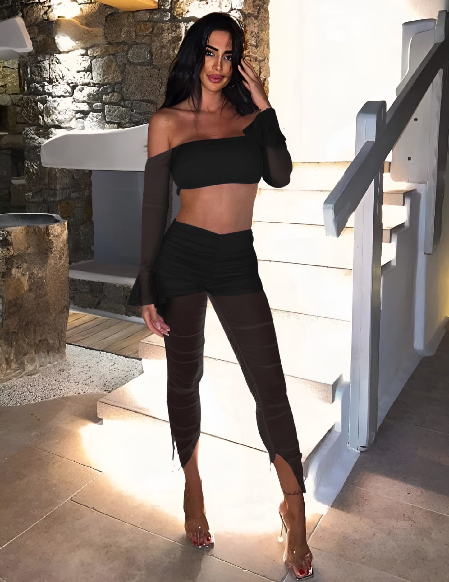 Completo Donna Top Manica Lunga Pantalone Skinny Culotte Tulle Elegante Sexy - LE STYLE DE PARIS