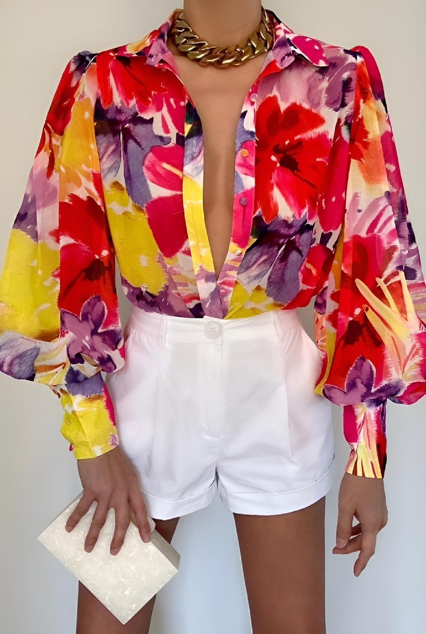 Camicia Donna Fantasia Floreale Multicolore Colletto Bottoni Manica Sbuffo - LE STYLE DE PARIS