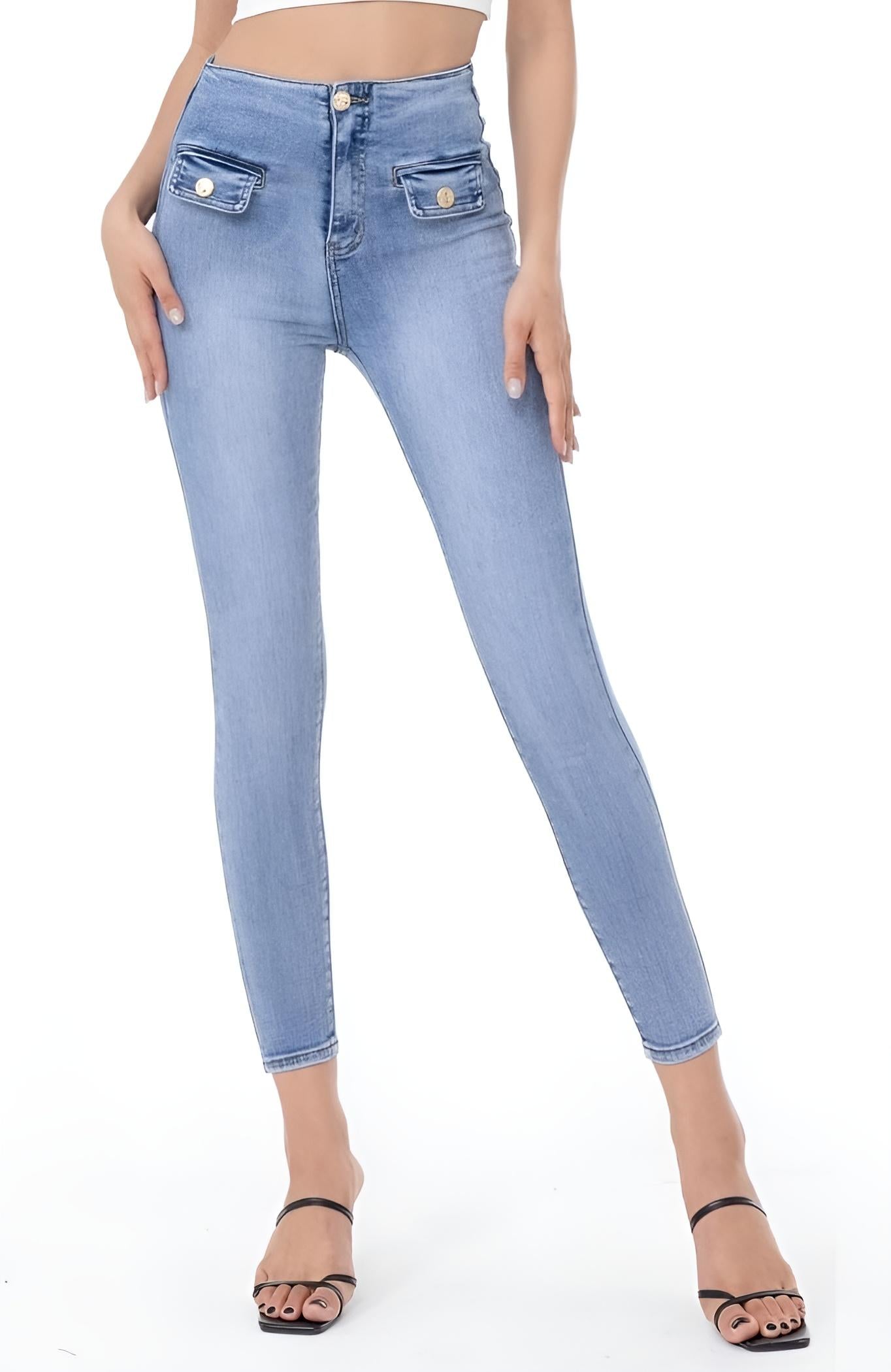 Pantalone Donna Jeans Bottone Vita Alta Slim Skinny Aderente Casual Easy - LE STYLE DE PARIS
