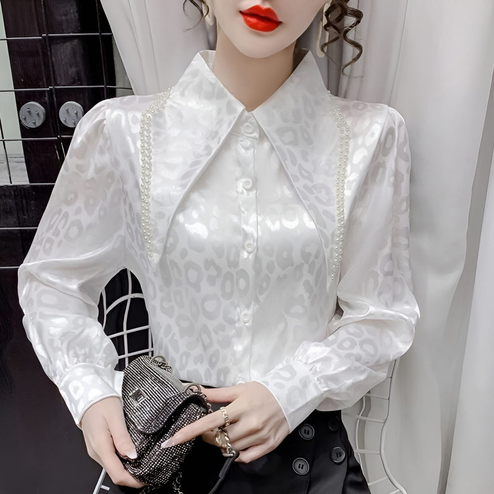 Camicia Donna Bottoni Colletto Perle Gioiello Sottogiacca Raso Elegante - LE STYLE DE PARIS