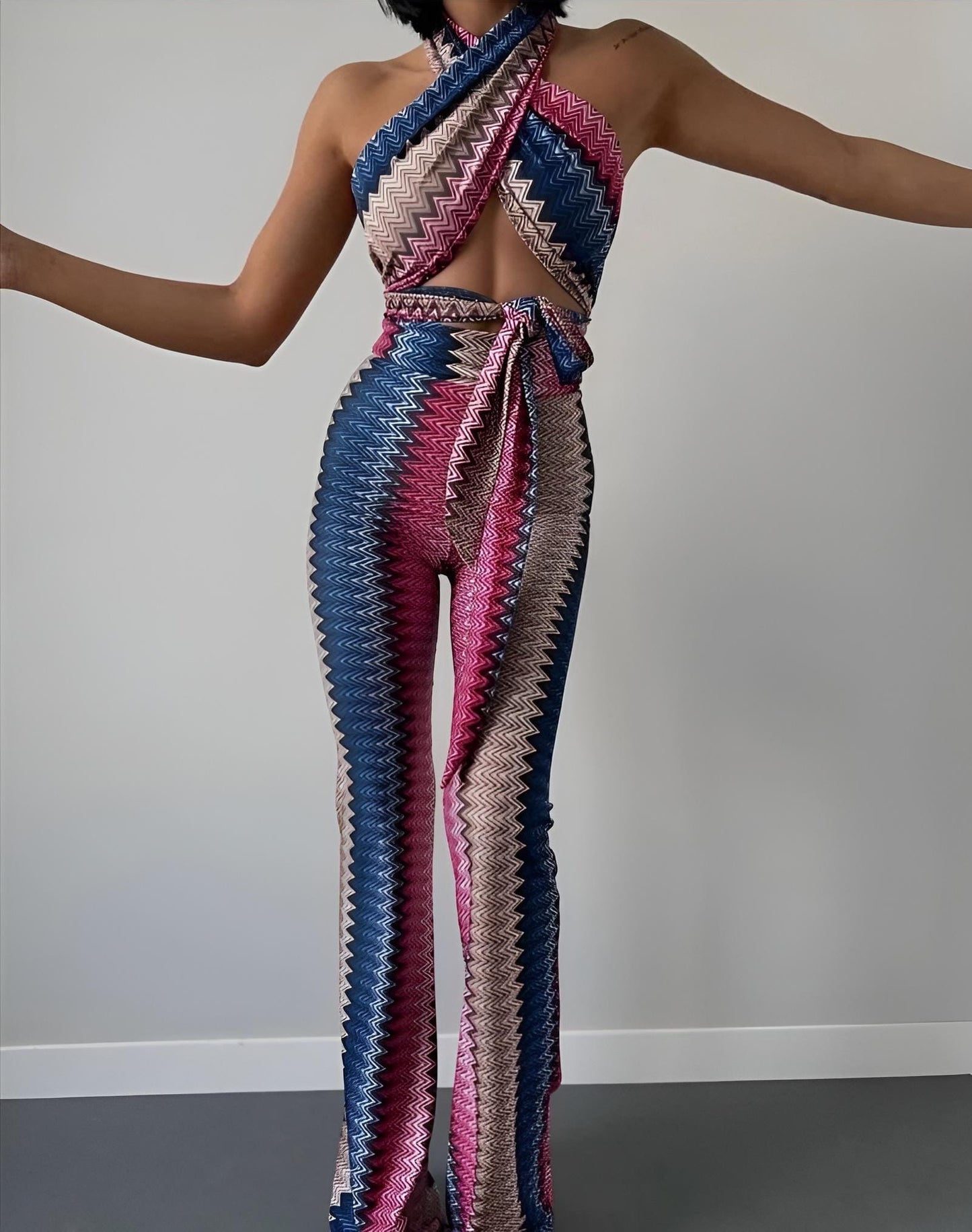 Tuta Donna Bretelle Incrociate Cintura Multicolore Casual Elegante - LE STYLE DE PARIS