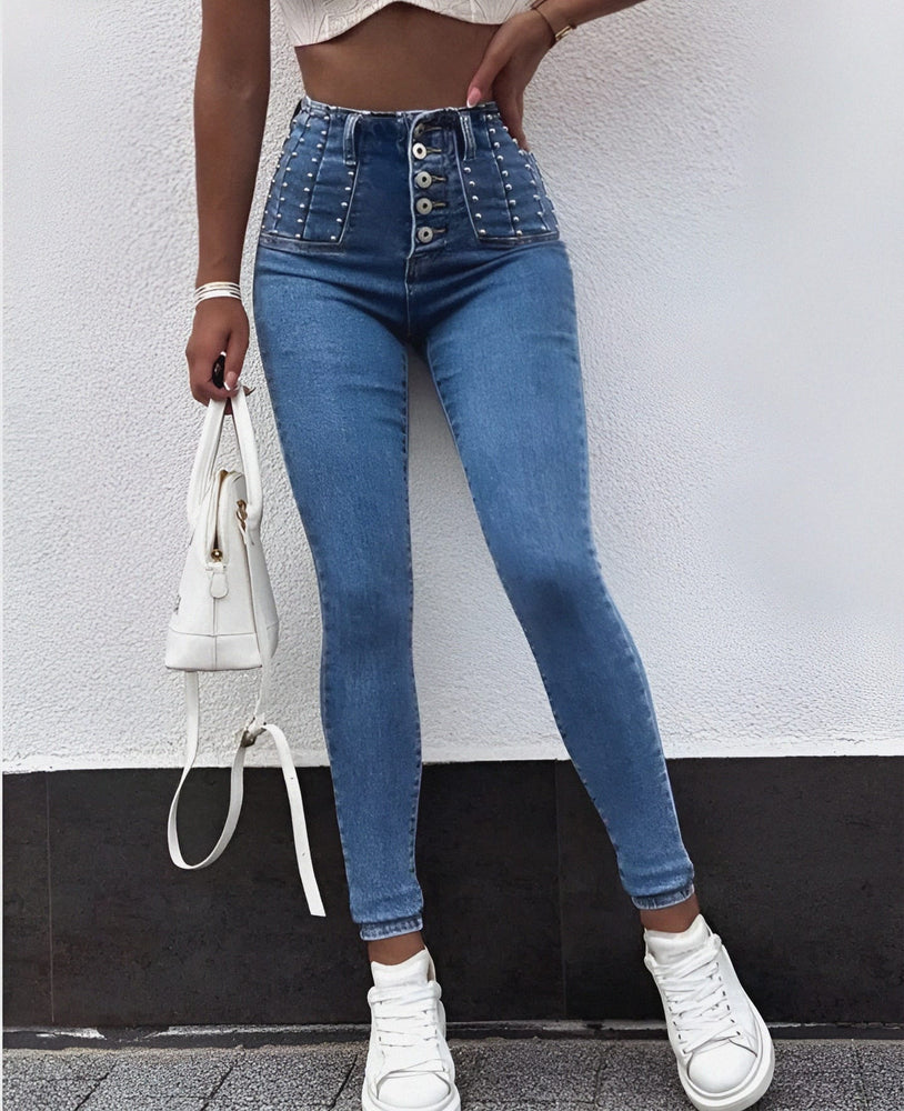 Pantalone Donna Jeans Strass Skinny Tasche Passanti Bottoni Casual Sensuale - LE STYLE DE PARIS