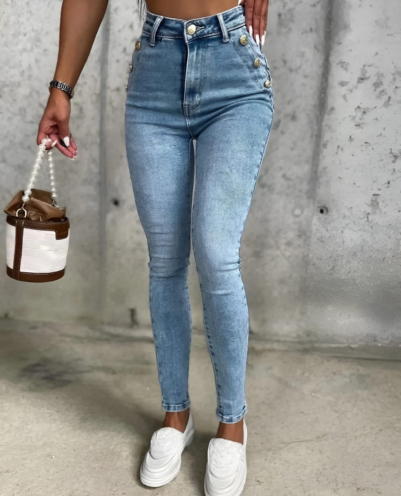 Jeans Donna Pantalone Bottoni Tasche Slim Casual Cerniera - LE STYLE DE PARIS