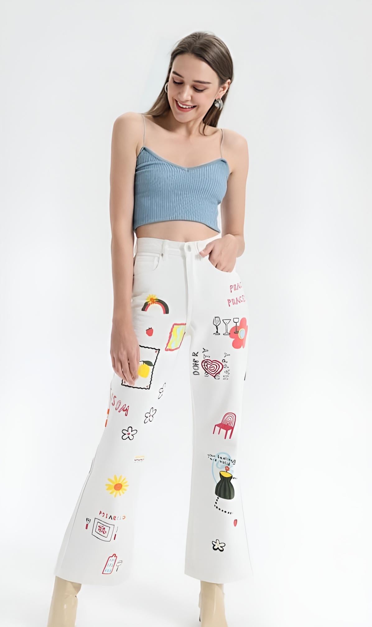 Pantalone Donna Jeans Tasche Bottoni Fantasia Multicolore Casual - LE STYLE DE PARIS