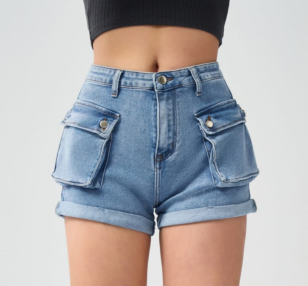 Shorts Donna Pantaloncino Risvolti Tasche Vita Alta Jeans Casual - LE STYLE DE PARIS