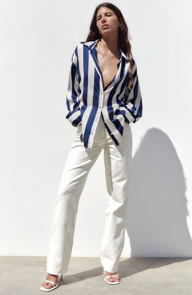 Camicia Donna Colletto Fantasia Righe Verticali Bicolore Bottoni Casual Elegante - LE STYLE DE PARIS