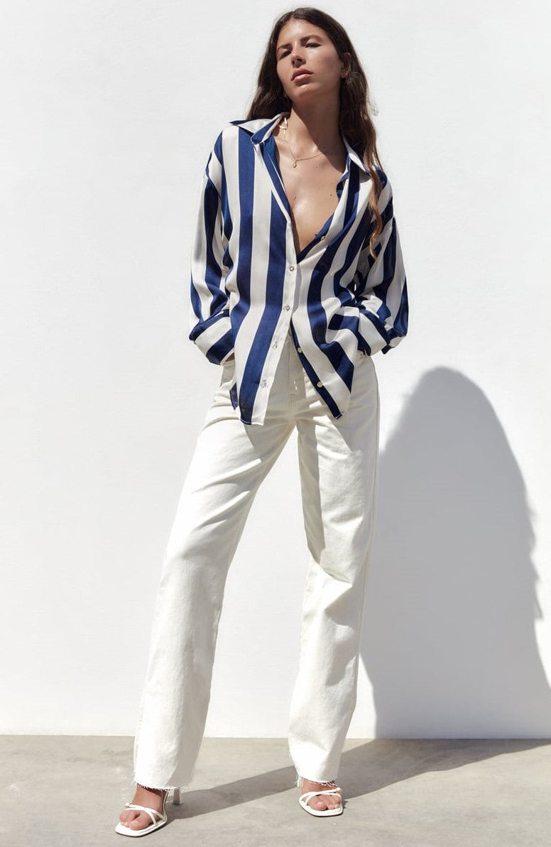 Camicia Donna Colletto Fantasia Righe Verticali Bicolore Bottoni Casual Elegante - LE STYLE DE PARIS