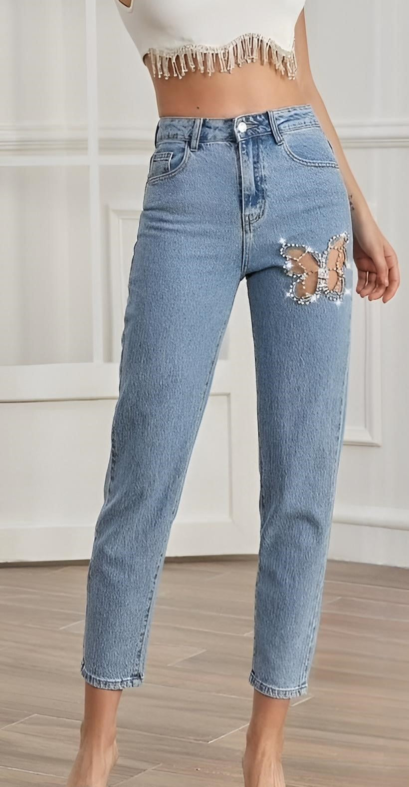 Pantalone Donna Jeans Bottone Tasche Strass Slim Casual - LE STYLE DE PARIS