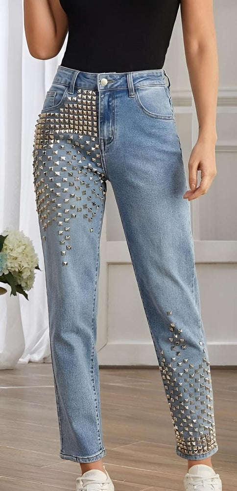 Pantalone Donna Jeans Tasche Borchie Slim Casual Comodo - LE STYLE DE PARIS