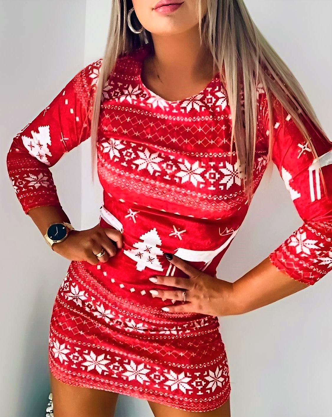 Vestito Donna Tubino Girocollo Bicolore Fantasia Natale Casual Aderente Comodo Caldo - LE STYLE DE PARIS
