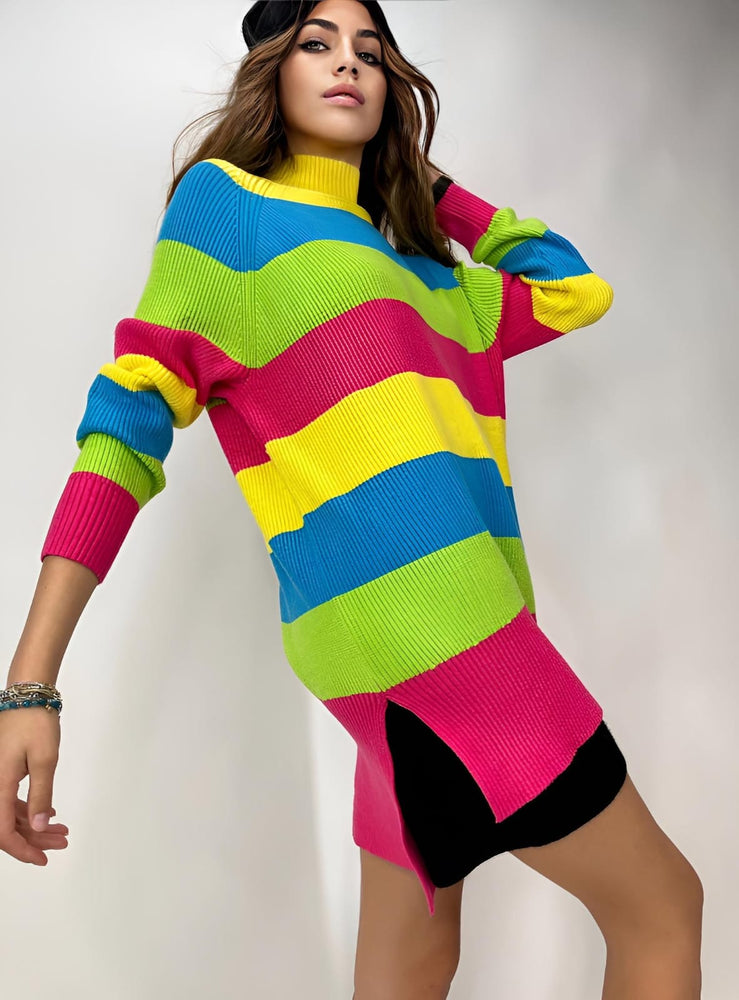 Vestito Donna Maxi Pull Collo Alto Multicolore Morbido Caldo Casual Sensuale - LE STYLE DE PARIS