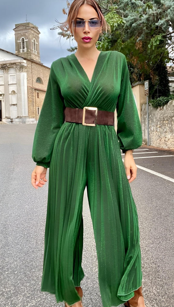 Tuta Donna Morbida Scollo V Manica Sbuffo Pantalone Palazzo Plissé Casual Elegante Sensuale - LE STYLE DE PARIS