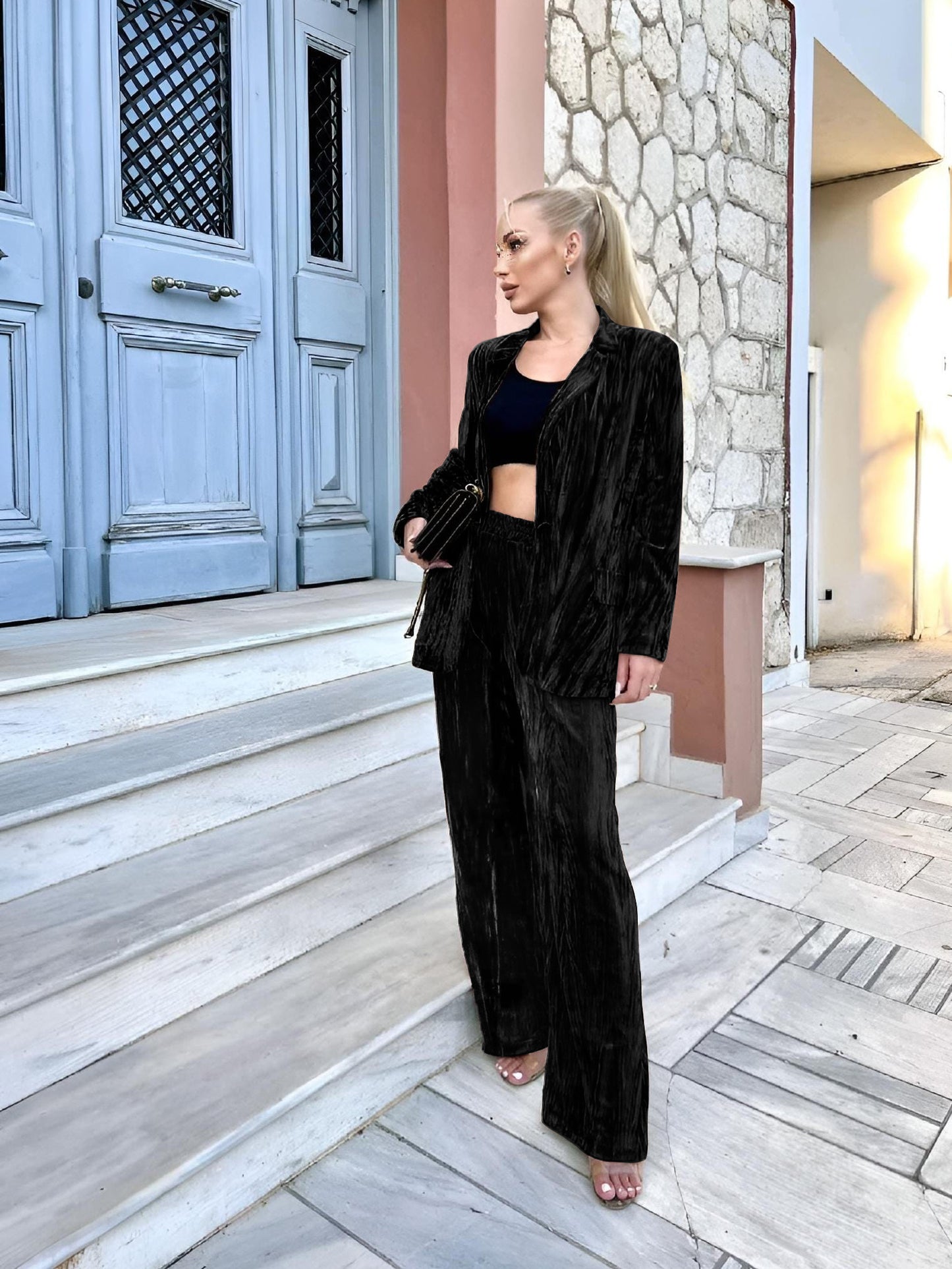 
                  
                    Tailleur Donna Completo Giacca Pantalone Palazzo Vita Alta Velluto Elegante Sensuale - LE STYLE DE PARIS
                  
                