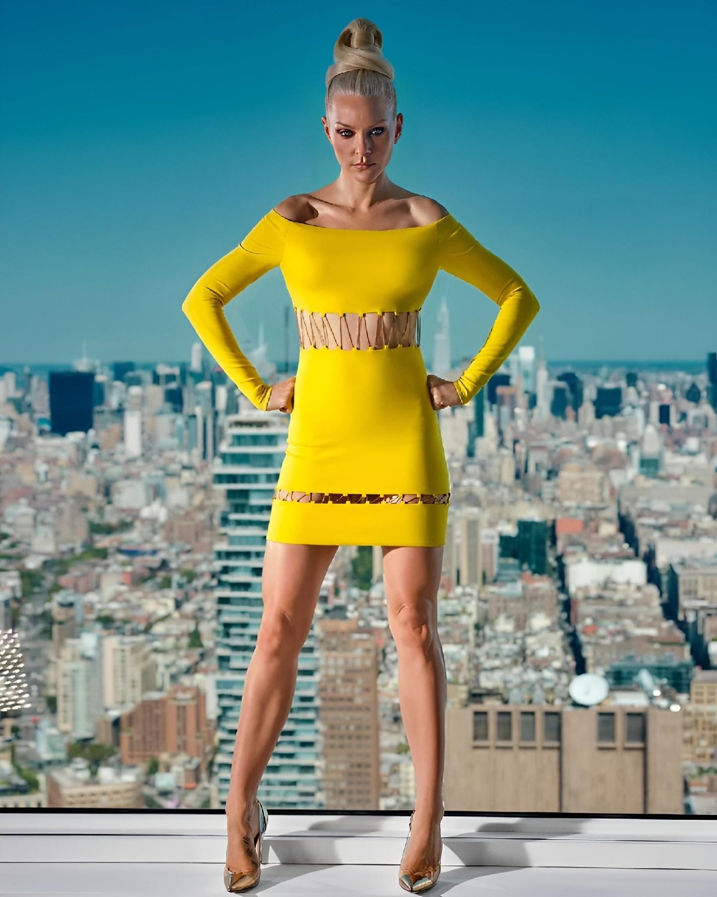 Vestito Donna Tubino Scollo Bardot Manica Lunga Cut Out Catena Incrociata Gioiello Bandage Elegante Sensuale - LE STYLE DE PARIS
