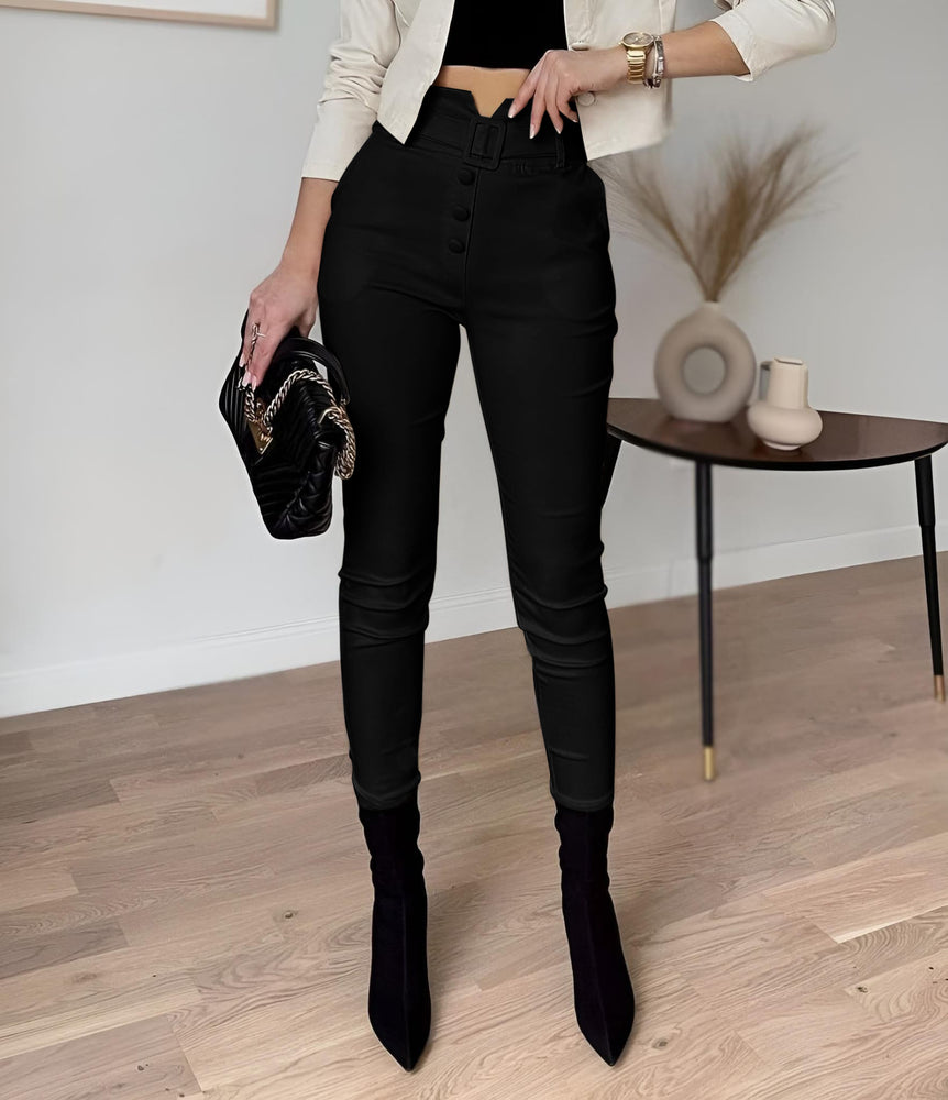Pantalone Donna Vita Alta Cintura Bottoni Slim Casual Elegante - LE STYLE DE PARIS