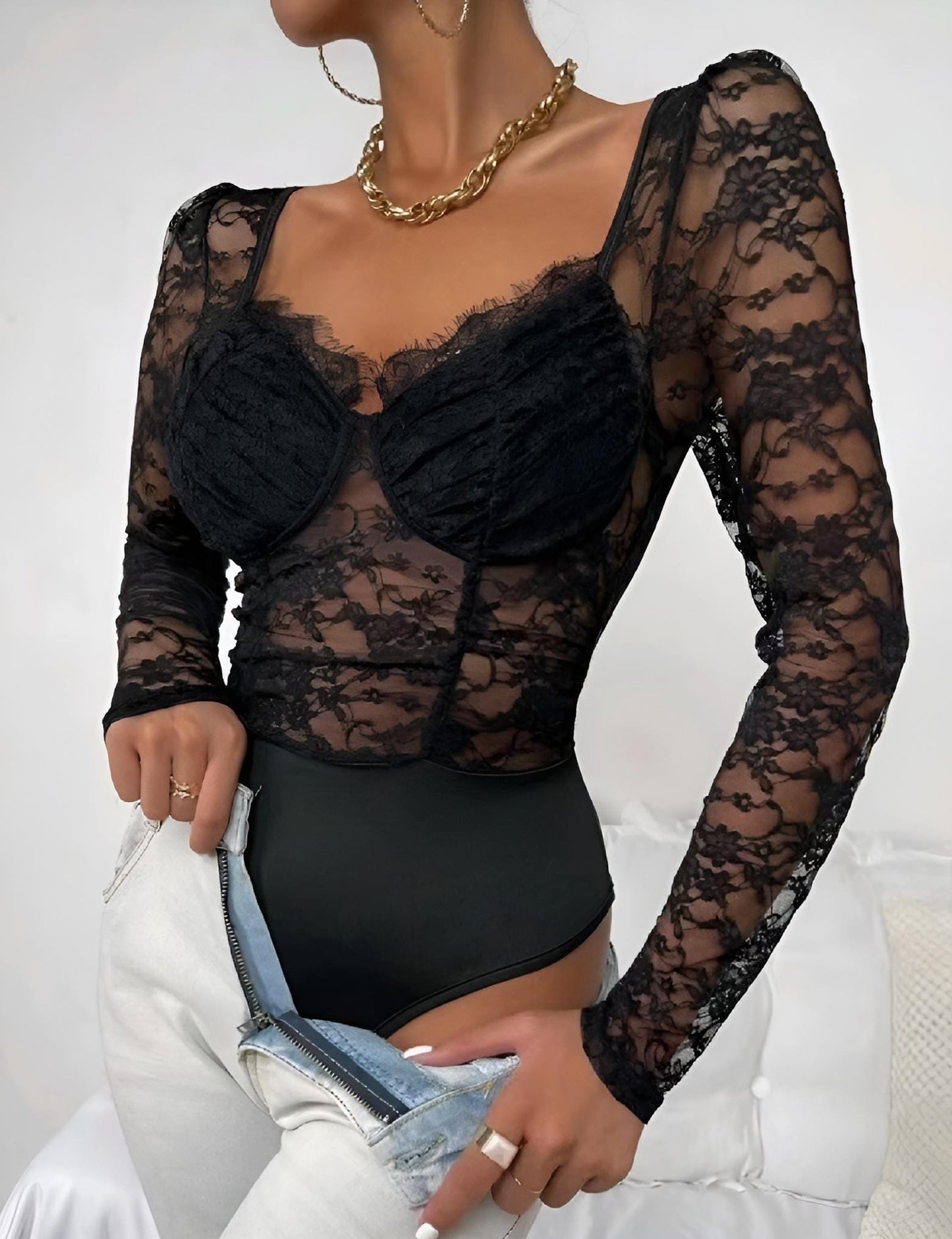 Body Donna Scollo Cuore Pizzo Trasparente Sexy Elegante Casual Easy - LE STYLE DE PARIS