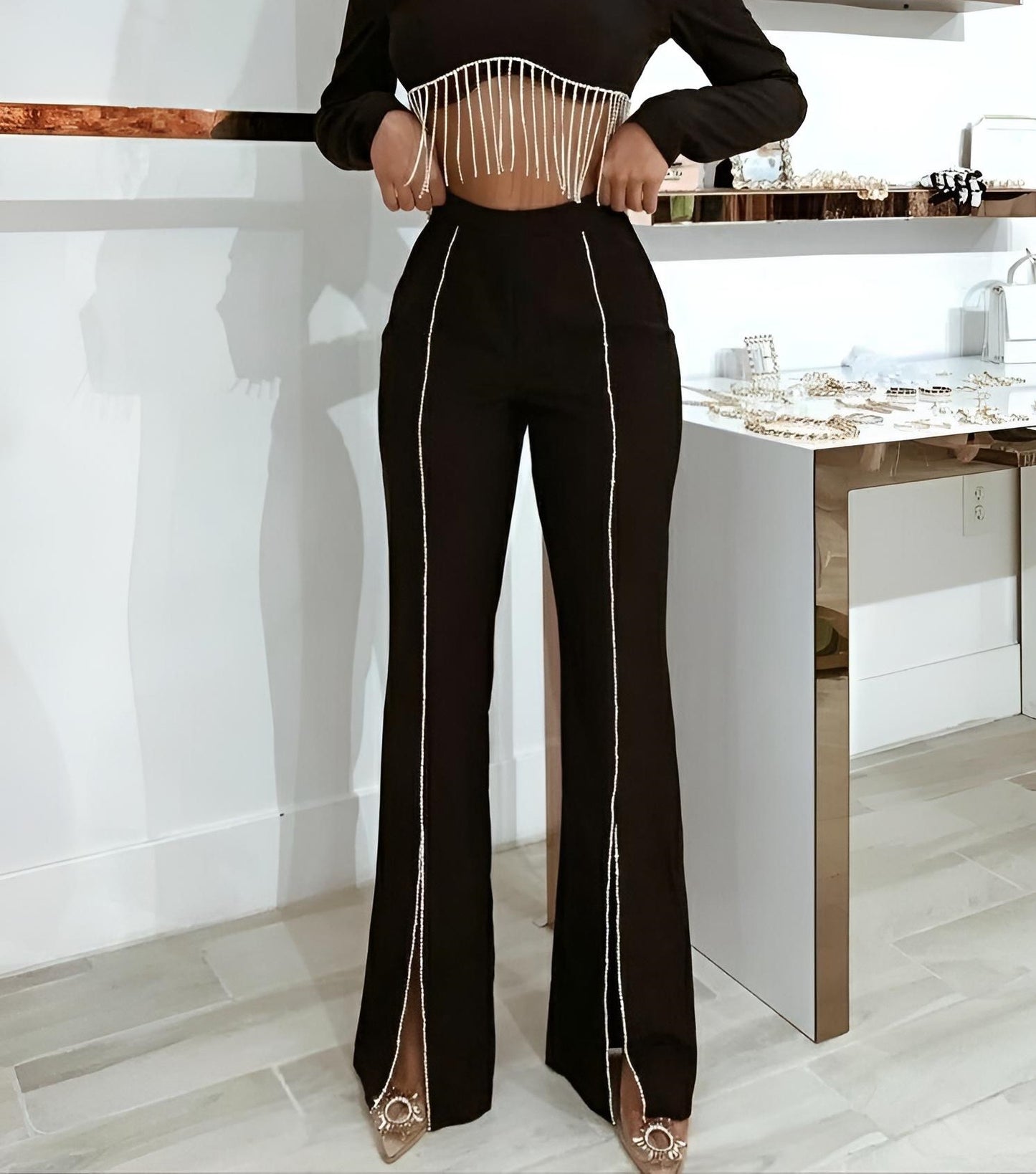 Pantalone Donna Vita Alta Strass Spacco Zampa Casual Elegante Sensuale - LE STYLE DE PARIS