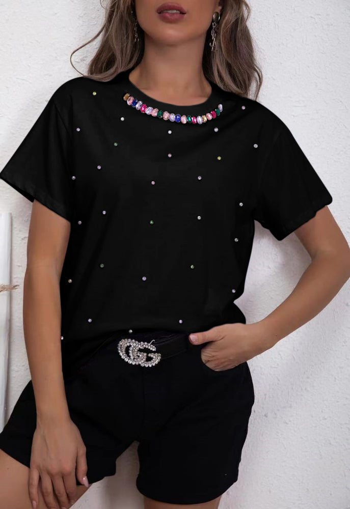 Maglia Donna T Shirt Mezza Manica Morbida Strass Multicolore Casual Easy - LE STYLE DE PARIS