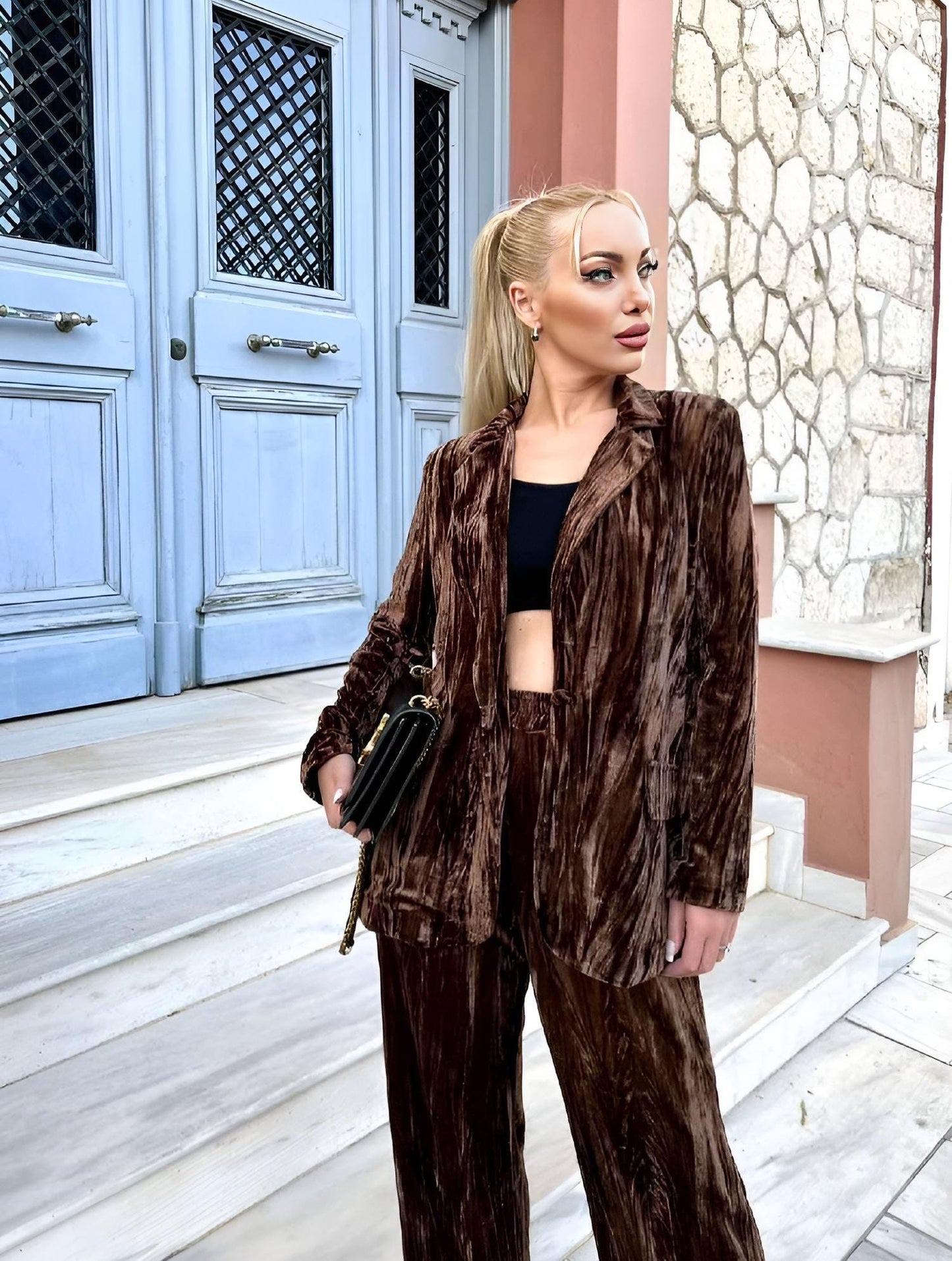 
                  
                    Tailleur Donna Completo Giacca Pantalone Palazzo Vita Alta Velluto Elegante Sensuale - LE STYLE DE PARIS
                  
                
