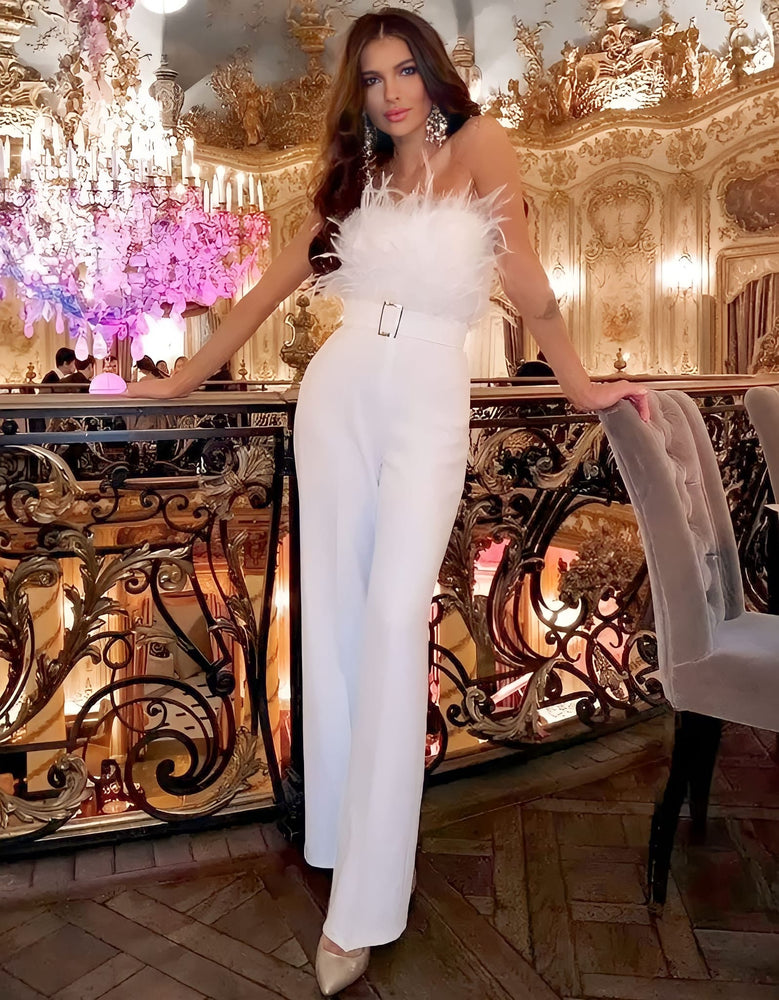 Tuta Donna Scollo Cuore Piume Cintura Palazzo Elegante Sensuale - LE STYLE DE PARIS