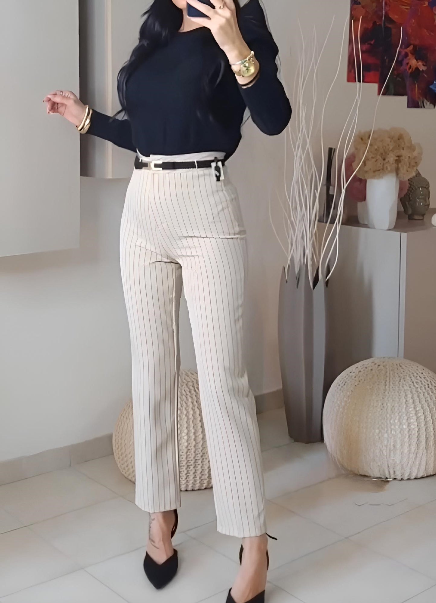 Pantalone Donna Vita Alta Gessato Bottone Casual Elegante Sensuale Aderente - LE STYLE DE PARIS