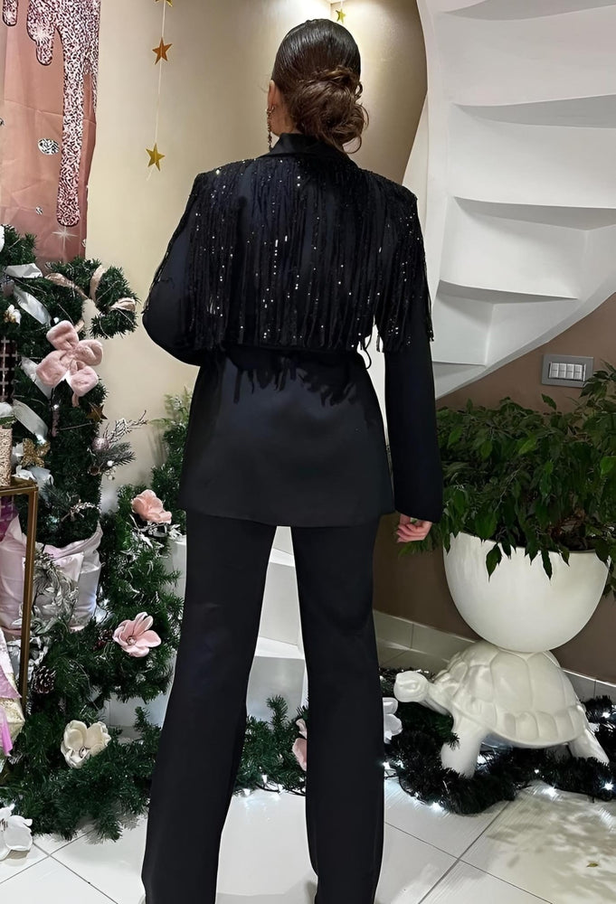 Tailleur Donna Giacca Cintura Frange Strass Pantalone Palazzo Elegante Sensuale - LE STYLE DE PARIS