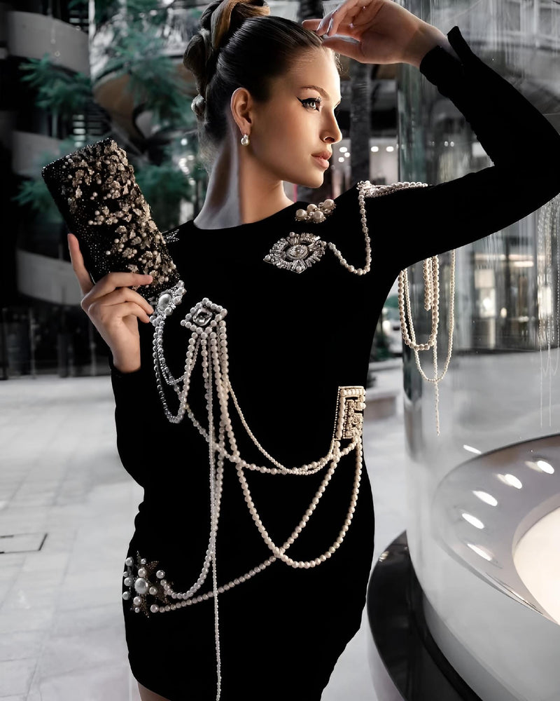 Vestito Donna Tubino Girocollo Bandage Perle Pietre Catene Gioiello Elegante Sensuale - LE STYLE DE PARIS