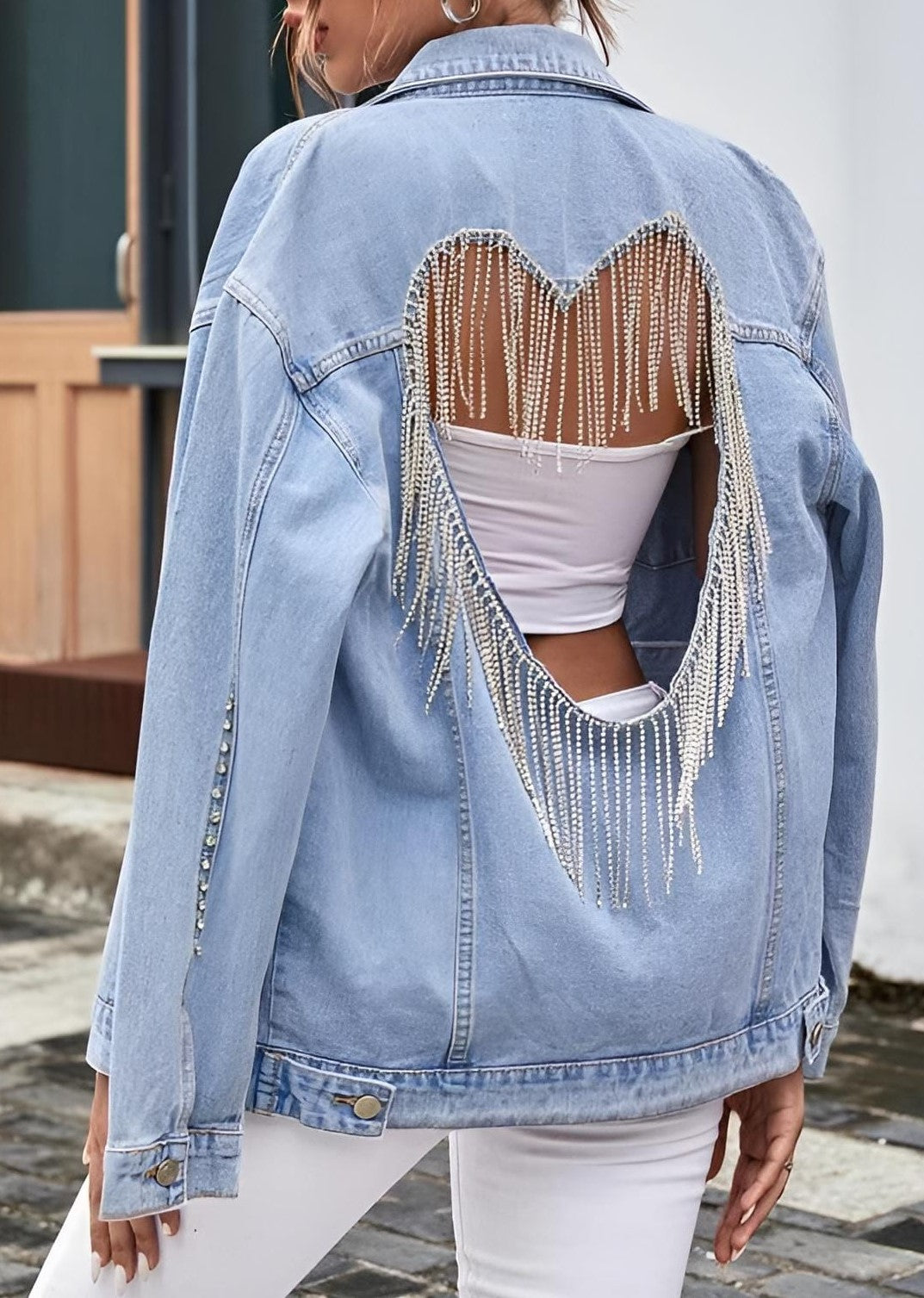 Giacca Donna Capospalla Jeans Cuore Frange Strass Tasche Over Size Casual - LE STYLE DE PARIS